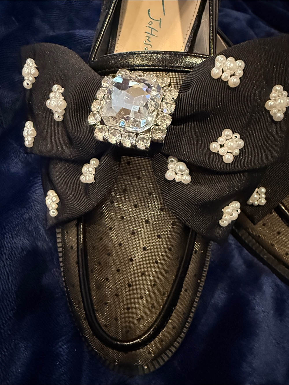 Black Embellished Bow Loafers with Crystal Accent. Betsy Johnson - Picture 2 of 6
